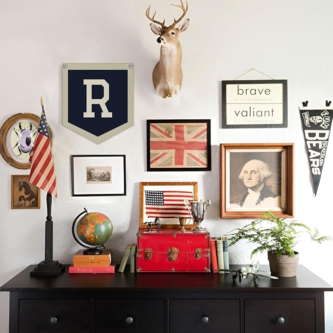 Personalized Baby Gift,Baby Boy Nursery Decor,Initial Pennant，Letter R Banner Flag，Vintage Room Decor Toddler Room Bedroom Playroom Front Door Birthday Christmas Gift，12x14 in