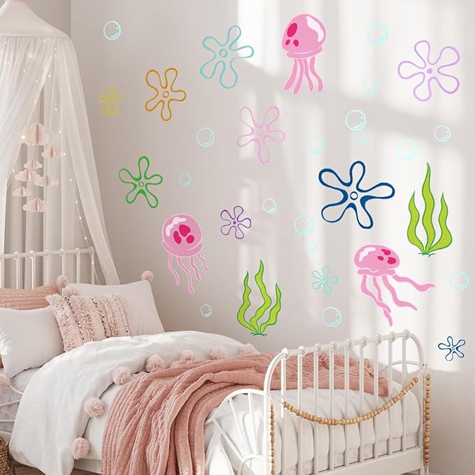 Under The Sea Jellyfish Bubbles Wall Stickers，Under The Sea Ocean Wall Decals，Removable Vinyl Under The Sea Decor，Underwater Sea Wall Stickers for Toddler Baby Nursery Living Room Office.