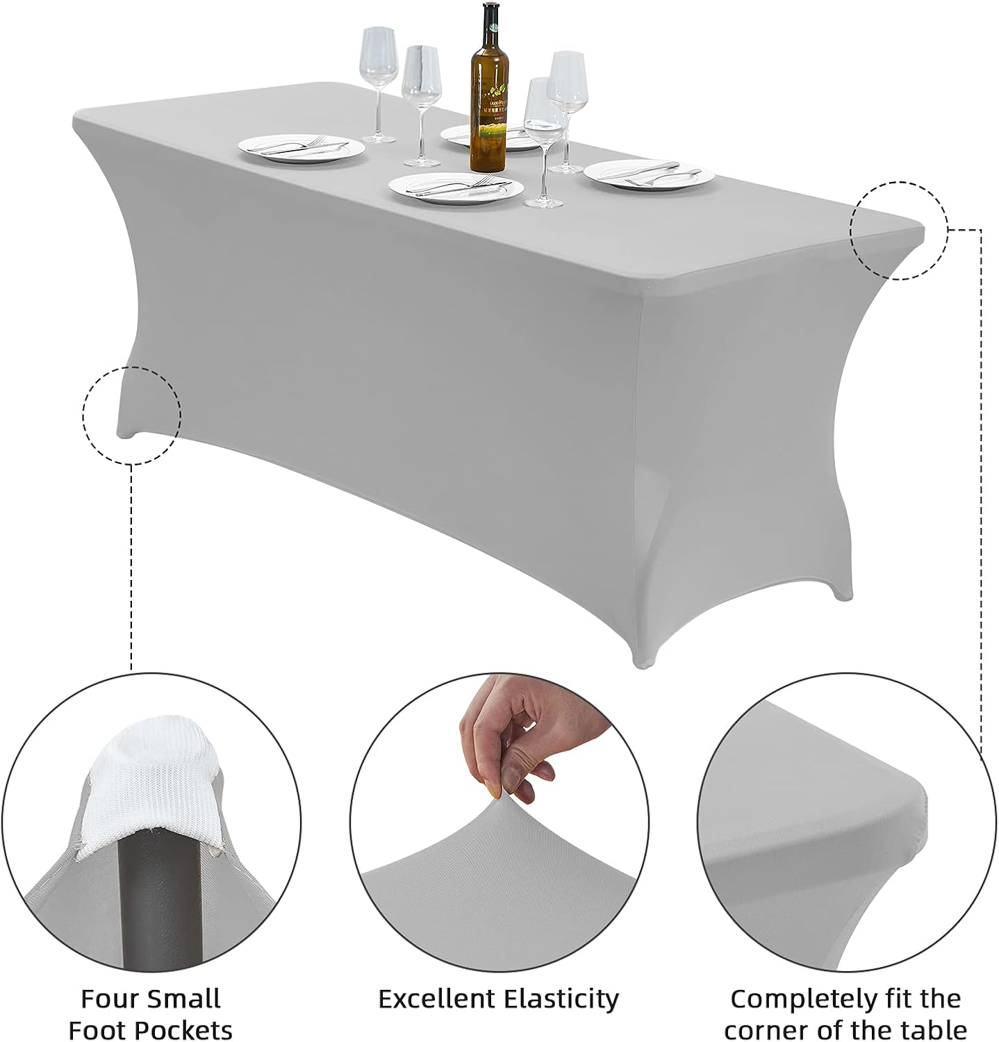 CWK 4FT Waterproof Stretch Spandex Table Cover for Rectangular Tables - Elastic Fitted Tablecloth for Folding Tables,Wrinkle Resistant Table Cloth for Parties, Weddings, Banquets & Events (Silver)