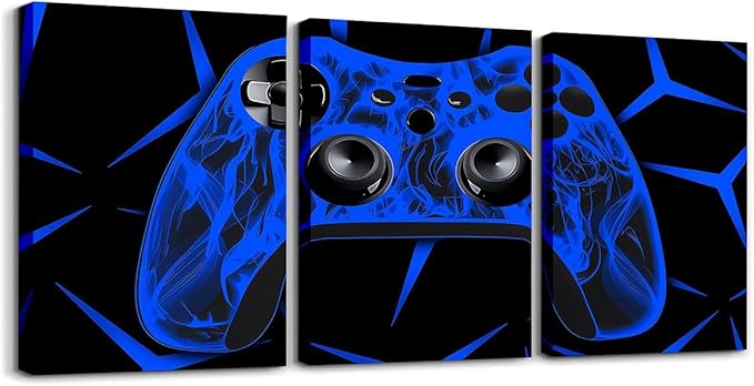 Feelyou Gamer Bathroom Wall Art for Home Decor Gamepad Canvas Wall Art for Bedroom Girls TeensGaming Gifts Office Wall Artwork Posters 12" x 16" 3 Piece Game Controller Blue Wall Painting