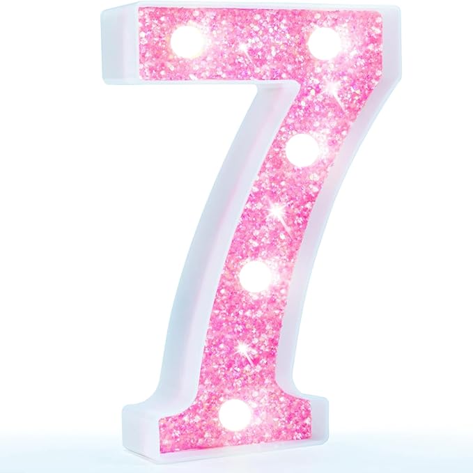Pooqla Marquee Numbers, Pink Light Up Numbers for Girls 7th Birthday, Battery Powered Glitter Number Night Light Gift for Christmas Bedroom Dorm Room Party Decoration, Cool White Number 7