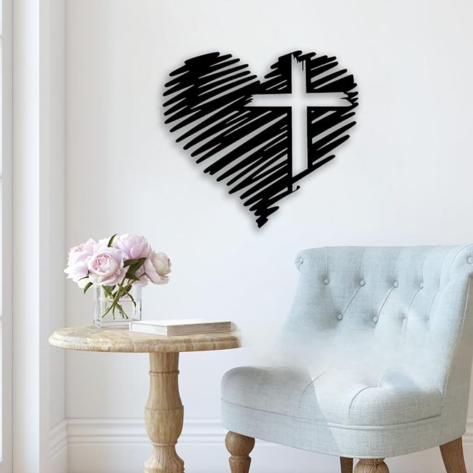 Heart Cross Metal Wall Decor - Elegant Minimalist Room Decor Love Wall Art Home Decor for Living Room, Bedroom, Dining Room, Bathroom, Office (Black)