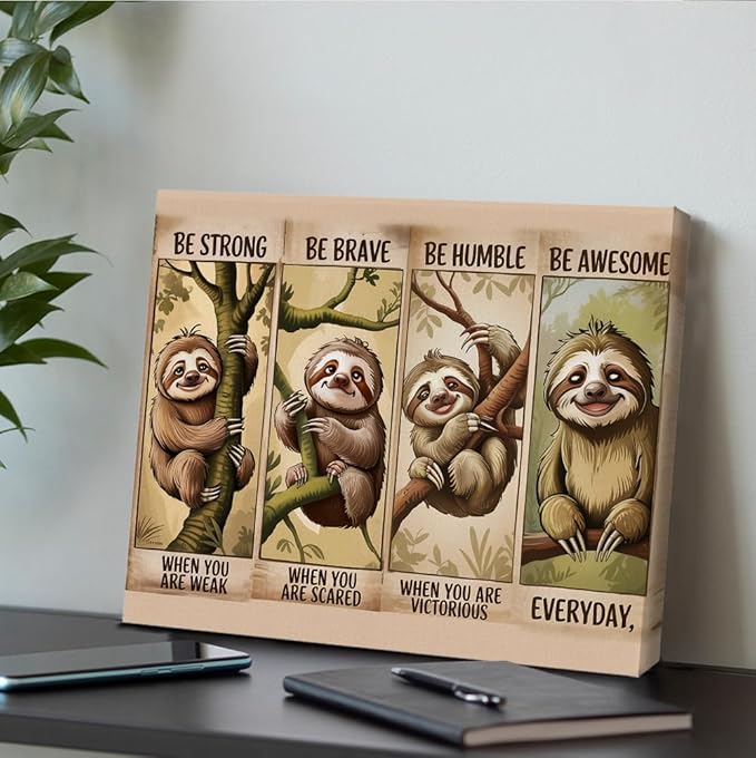 Inspirational Sloth Canvas Wall Art Cute Sloth Motivational Print Poster Animal Artwork Framed Painting for Home Living Room Bedroom Wall Decor 8x10 Inch