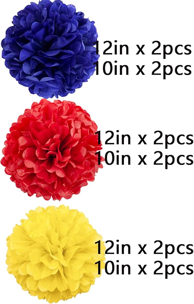 We Moment Red, Blue and Yellow for Theme Paper Pom Poms Decorations for Birthday Party Ceiling Wall Hanging Tissue Flowers Decorations 12pcs 3 Colors of 12 Inch 10 Inch