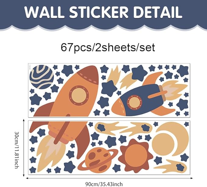 Outer Space Wall Decals, Peel and Stick Rockets Stars Planet Wall Stickers, Space Themed Wall Decor for Baby Nursery Kids Bedroom Boys Playroom Decoration