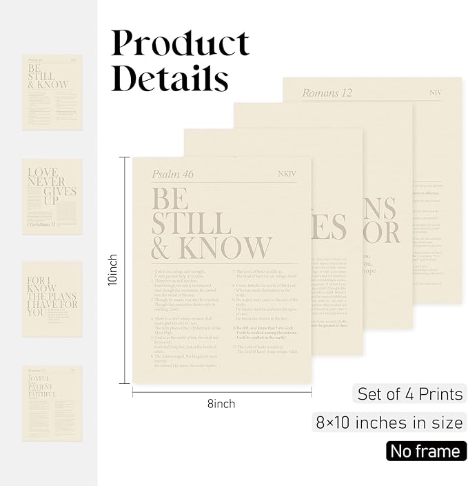 Locomiss Beige Christian Wall Art Decor, Modern Bible Verse Prints, Minimalist Jesus Scripture Wall Decor, Inspirational Bible Posters for Bedroom Office Living Room, Set of 4 (8x10 Unframed)