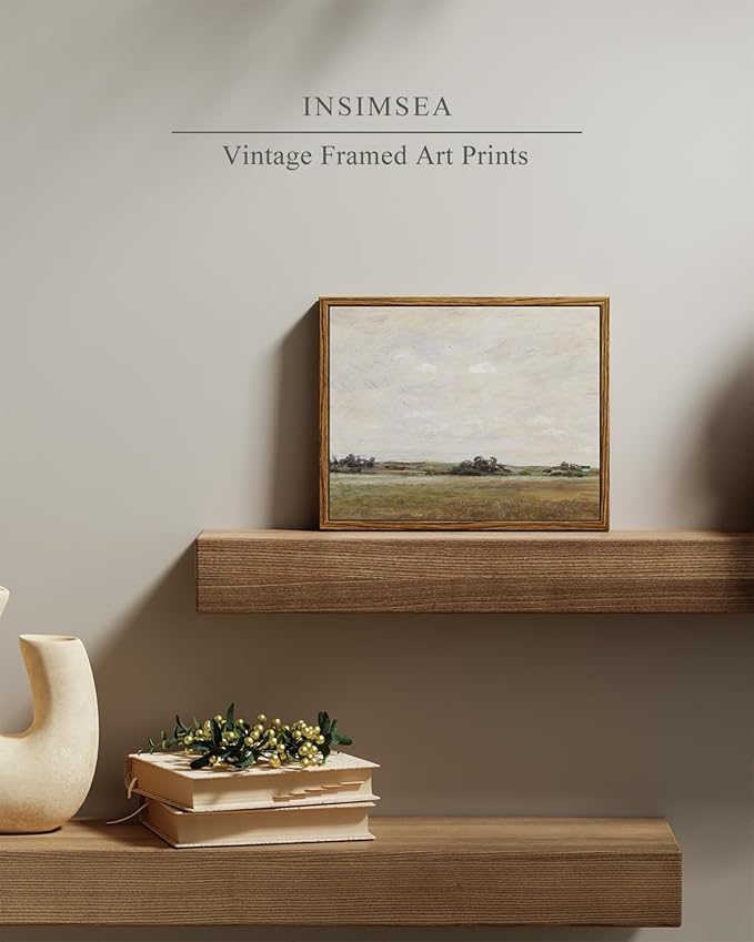 InSimSea Framed Canvas Print Art, Vintage Open Field Landscape Painting, Rustic Farmhouse Cottage Decor for Hallway Wall Floating Shelf Desk Vanity Fireplace,10x8in, Neutral Tones