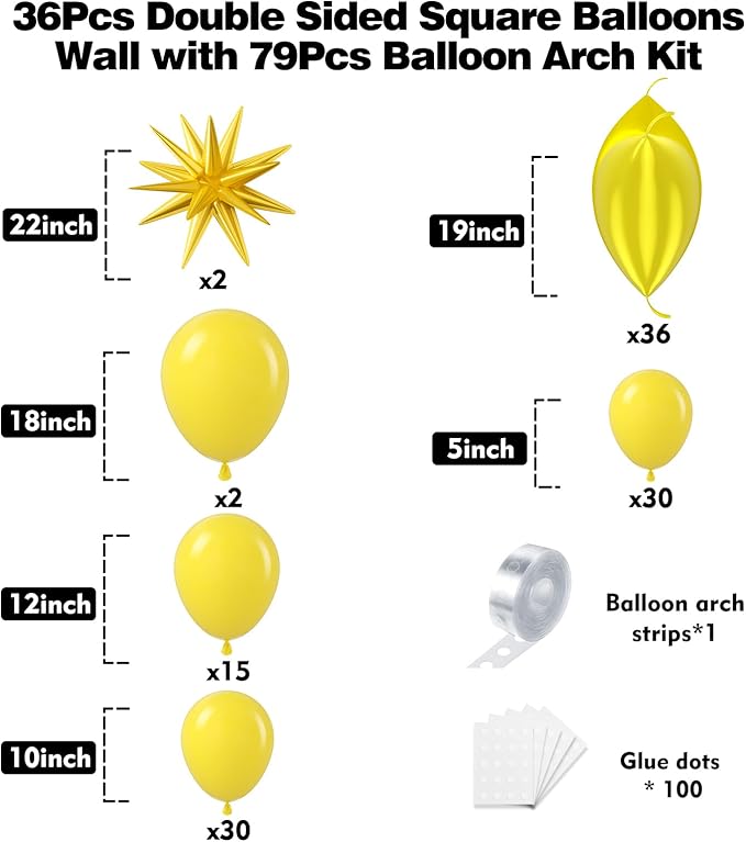 36pcs Yellow Square Foil Balloons Wall Backdrop with 79pcs Balloon Garland Arch Kit, Double Sided Balloon for Birthday Baby Shower Bridal Shower Anniversary Prom Graduation Party Decorations