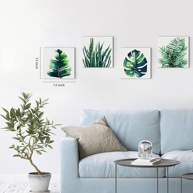 YOOOAHU Green Leaf Wall Art Room Decor Bathroom Bedroom Home Decoration Watercolor Painting Pictures Framed Canvas Prints Boho Tropical Plant Leaves Monstera Botanical White Set of 4 Pcs 20 × 20 Inch