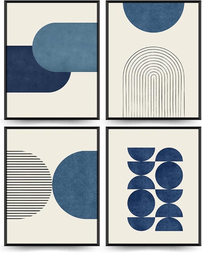 PLKMN Navy Blue Abstract Wall Art Decor Set of 4 - Bathroom Decor, Boho Minimalist Wall Art Prints for Bedroom Living Room 8x10 (Unframed)