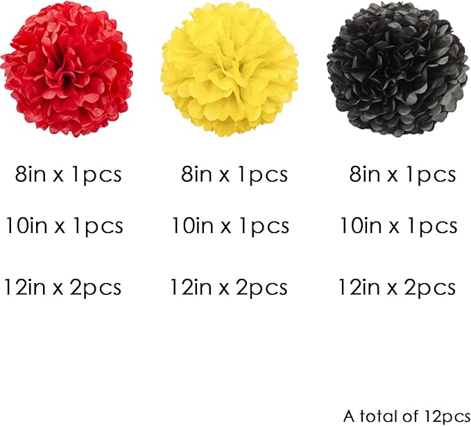 We Moment Black Red Yellow Paper Pom Poms Decorations for Boys Girls Birthday Decoration Ceiling Wall Hanging Tissue Flowers Decorations 12pcs,3 Colors
