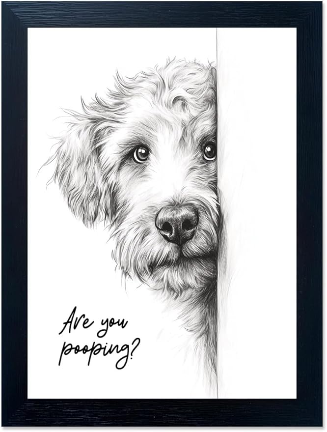 Gongyuanyihao Arts Funny Dog Bathroom Wall Art with Black Frame, Are You Pooping Sign for Farmhouse Restroom Decor, Rustic Humorous Canvas Print Painting Ready to Hang 12"x16"