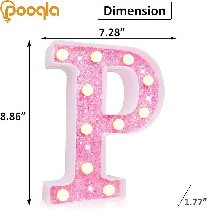 Pooqla LED Marquee Letter Lights, Pink Glitter Light Up Letters Alphabet Sign Battery Powered Night Light, Birthday Party Wedding Girls Gifts, Christmas Room Dorm Bedroom Decoration, Pink Letter P