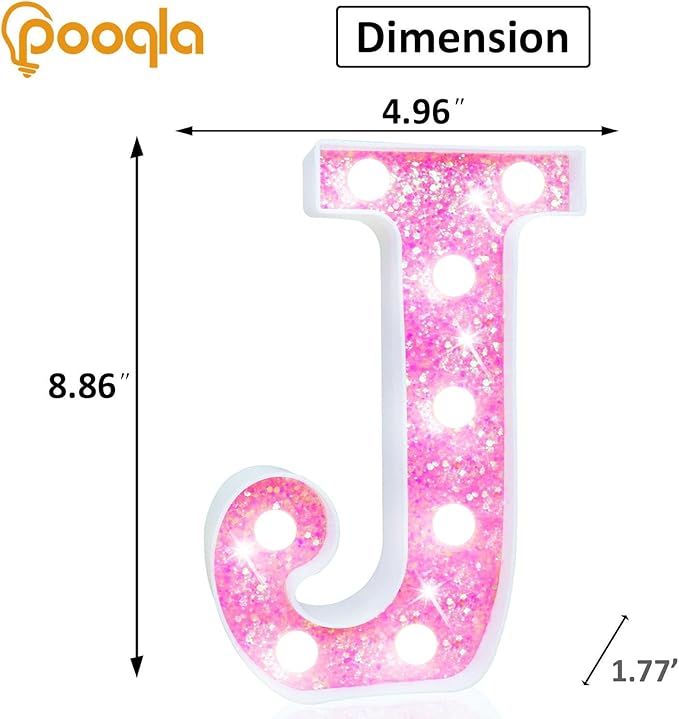 Pooqla LED Marquee Letter Lights, Light Up Letters for Birthday Decorations, Glitter Letter Sign Battery Powered Night Light Pink Party Wedding Christmas Girls Gift Bedroom Dorm Decor, Cool White J
