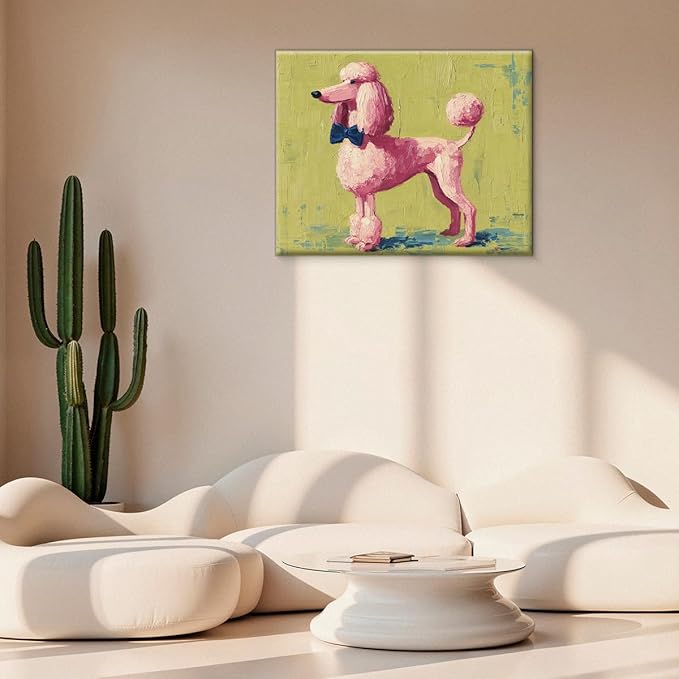 Vintage Pink Poodle Dog Wall Art Print Funky Cute Dog Picture Painting Artwork Aesthetic Wall Decor for Home Living Room Bedroom 8x10 Canvas Framed