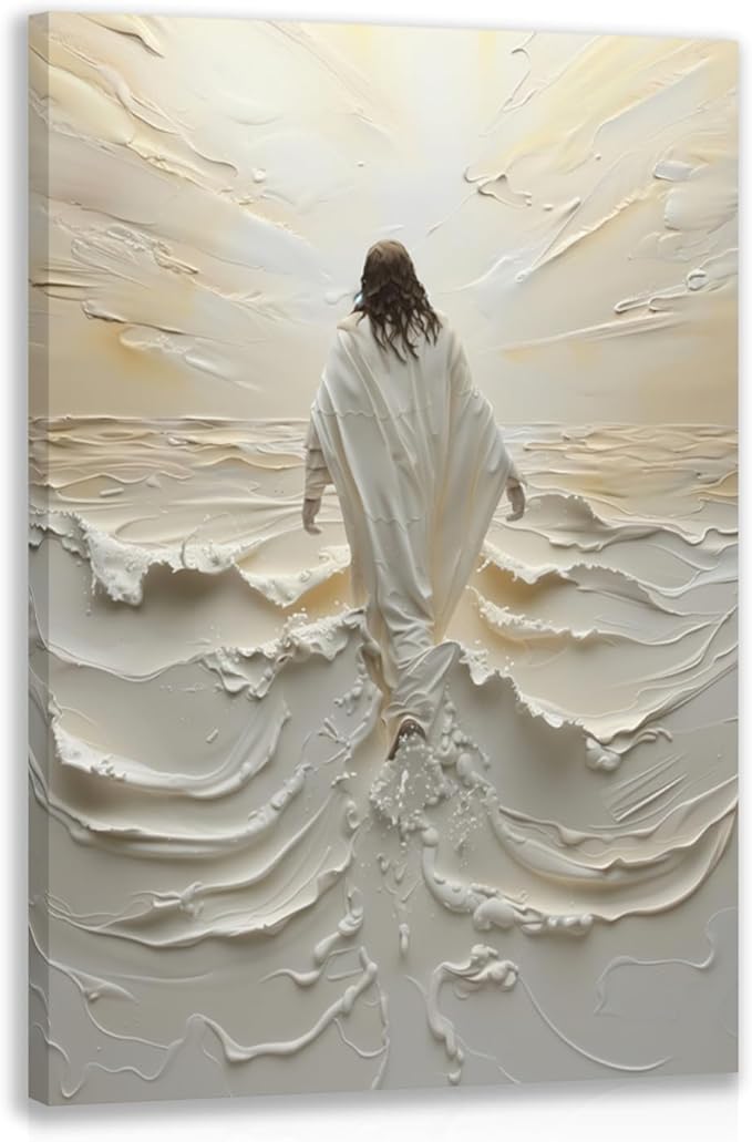 HLXRAE Framed Jesus Wall Art, White Christian Wall Decor, Jesus Walking On Water Poster Prints, Minimalist Christian Biblical Wrapped Canvas Artwork for Church Prayer Room Hospitals 12"x16"