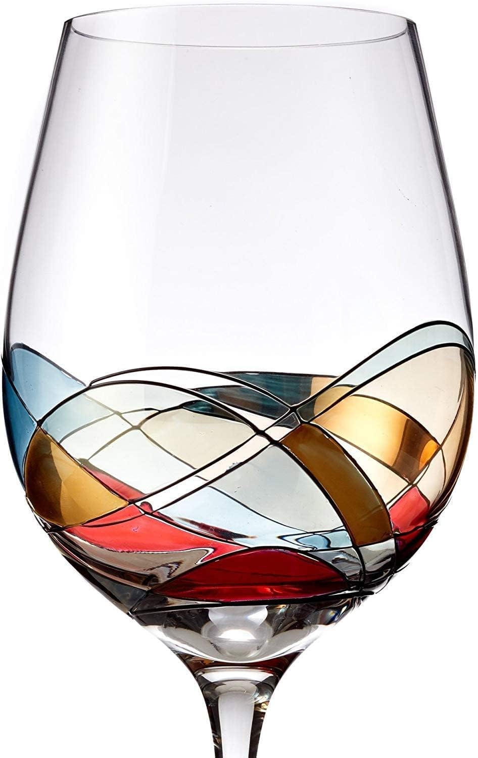 Bezrat Wine Glasses Hand Painted - Set of 2 - Women Wine Gift - Wine Lover Glass - Beautiful Glassware Gifts Ideas for Women Inspired by 'Duomo di Milano' Mothers Day - 12 oz (Blue)