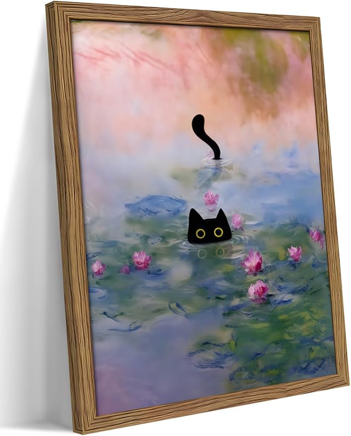 Vintage Framed Cat Canvas Wall Art Monet Print, Funny Black Cat in Water Lilies Poster, Monet Office Wall Decor, Floral Oil Painting Picture Artwork for Living Room Bathroom Aesthetic – 16x24 inch