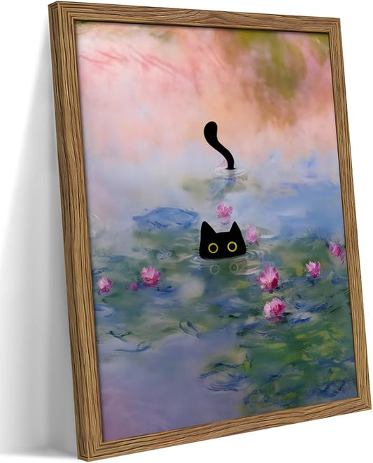 Vintage Framed Cat Canvas Wall Art Monet Print, Funny Black Cat in Water Lilies Poster, Monet Office Wall Decor, Floral Oil Painting Picture Artwork for Living Room Bathroom Aesthetic – 12x16 inch