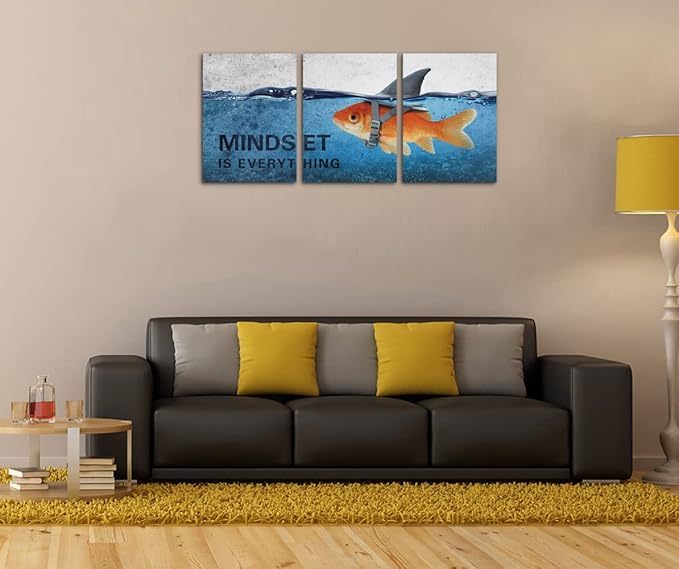3 Panels Modern Framed Inspirational Canvas Wall Art Goldfish Body Strong Shark Heart Mindset is Everything Motivational Wooden Decor Posters (72''W x 36''H)