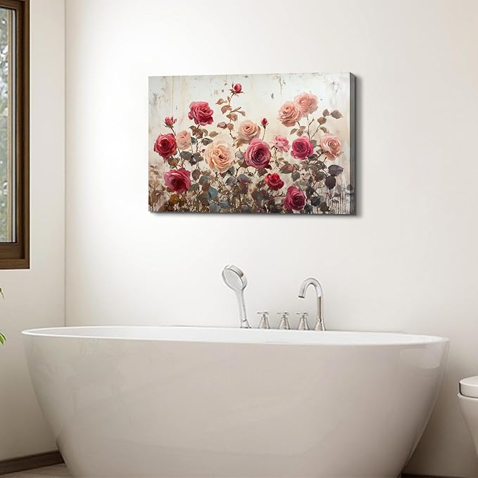 Large Pink Wall Decor for Bedroom Wall Art Retro Rose Flower Canvas Pictures for Living Room Decor Rustic Blossom Roses Floral Painting Modern Farmhouse Artwork for Bathroom Home Decoration 24x36"