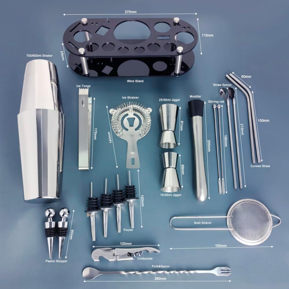 22-Piece Cocktail Shaker Set, 25/20oz Bartender Kit, Bartending Stainless Steel Bar Tools Sets for Drink Mixing, Boston Cocktail Shakers with Stand Recipes Booklet (Siver 25-20oz)