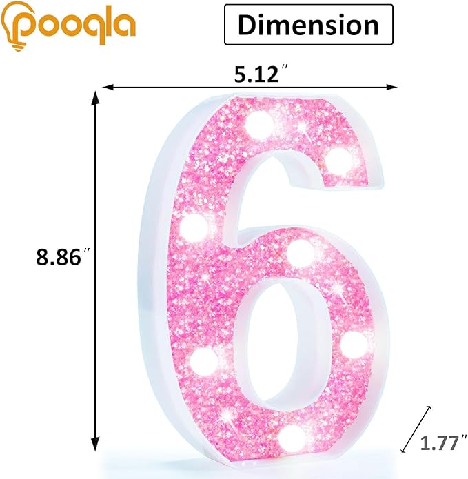 Pooqla Marquee Numbers, Pink Light Up Numbers for Girls 6th Birthday, Battery Powered Glitter Number Night Light Gift for Christmas Bedroom Dorm Room Party Decoration, Cool White Number 6