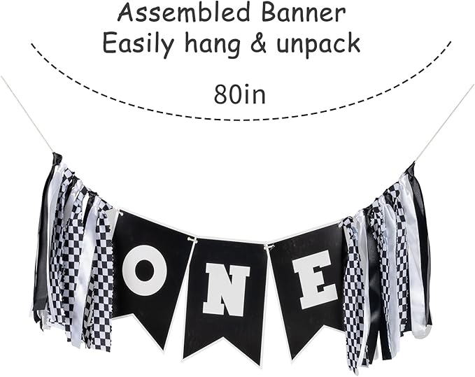 Race Car First Birthday Highchair Banner, Pre - strung Black & White Checkered “ONE” Garland for Boys’ Fast One Party, Cake Smash Photos & Racing Theme Decor