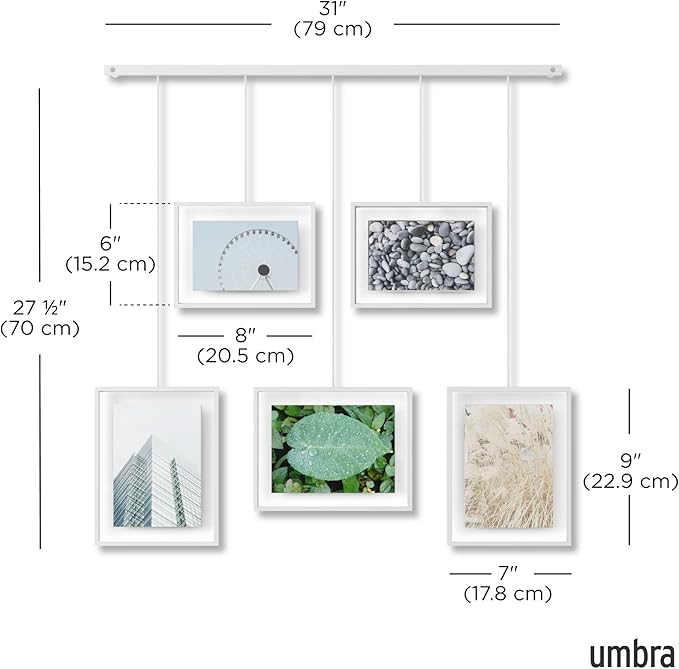 Umbra Exhibit Picture Frame Gallery Set, Adjustable Wall Collage Displays Five Photos (Two 4x6 and Three 5x7), Set of 5, White