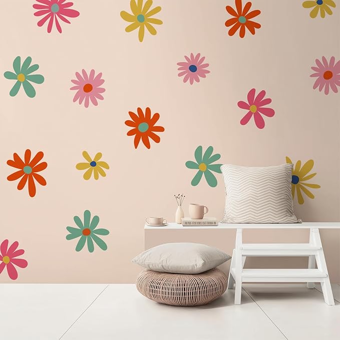 24 PCS Flower Wall Decals Peel and Stick, Daisy Wall Decor for Girls Bedroom, Colorful Daisy