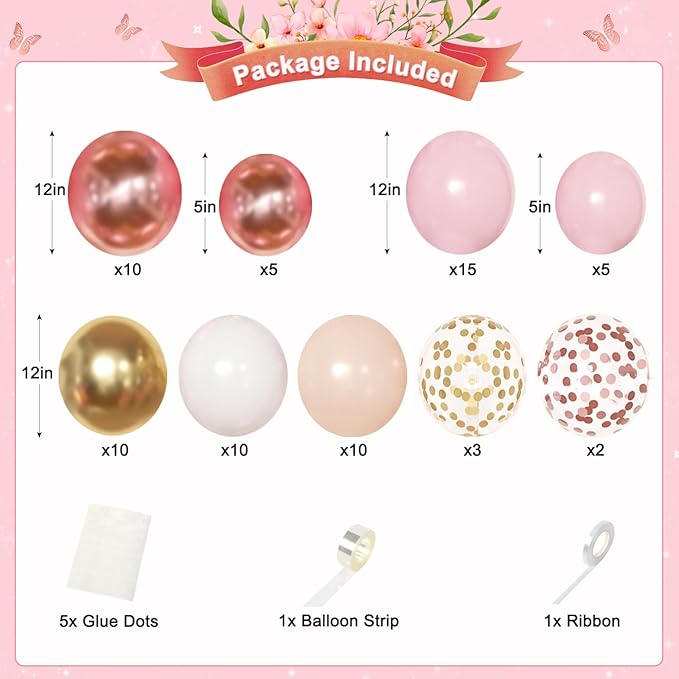 Rose Gold Birthday Decorations, Gold Pink Peach White Balloons Confetti Foil Balloons Happy Birthday Banner Butterfly Fringe Curtains birthday Decorations for Women Teens Girls