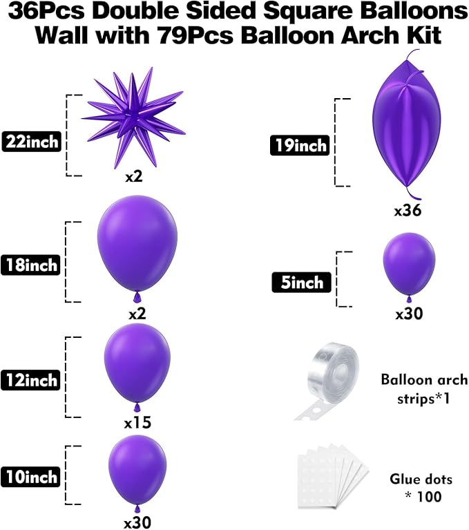36pcs Purple Square Foil Balloons Wall Backdrop with 79pcs Balloon Garland Arch Kit, Double Sided Balloon for Birthday Baby Shower Bridal Shower Anniversary Prom Graduation Party Decorations