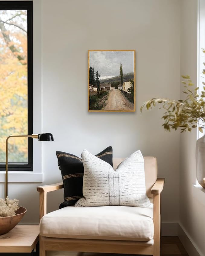 KBKBART Framed Wall Art, Vintage European Village Country Canvas Art Prints Farmhouse Decor, Vintage Oil Painting Picture, Rustic Landscape Wall Decor for Bathroom, Bedroom Living Room, Vintage Art(12"x16")