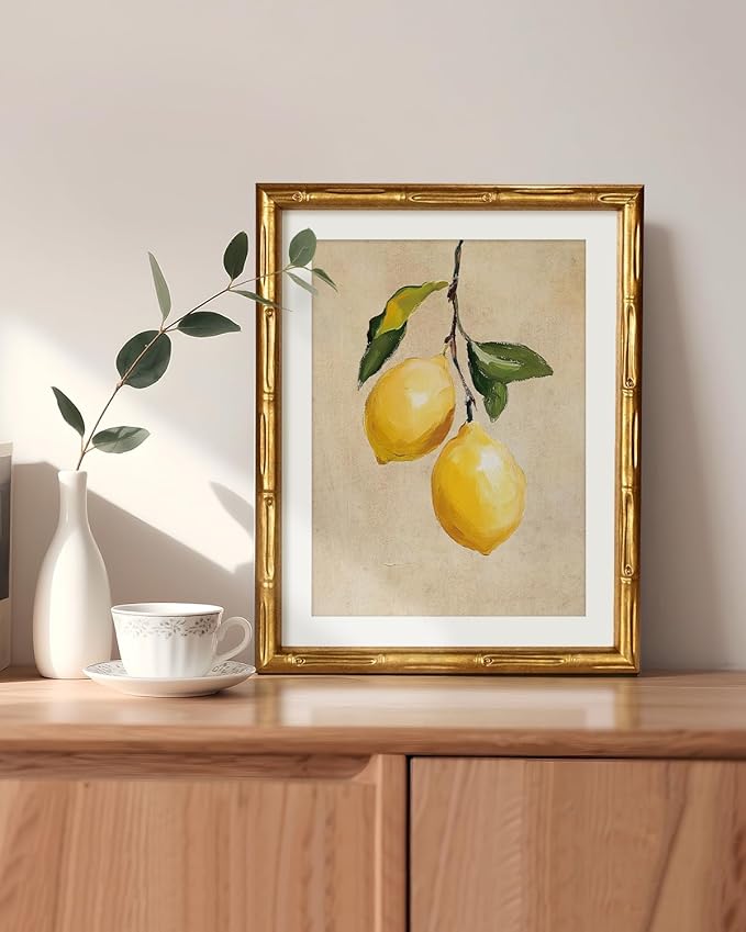 VIYYIEA Bamboo Detail Design Gold Framed Wall Art, Lemon Gold Framed Vintage Bamboo Style Wall Art for Living Room, Canvas Picture Print Painting, 11 x 14 Inch