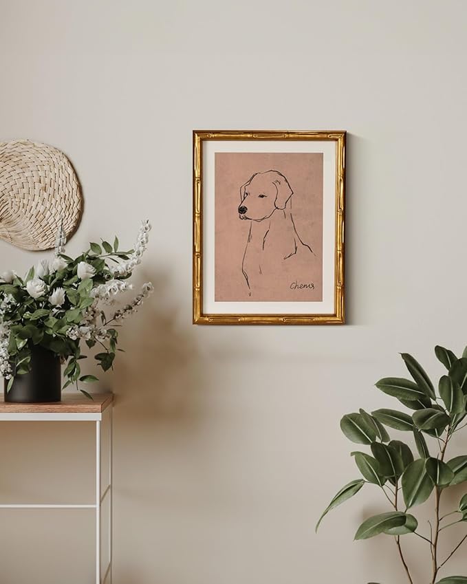 InSimSea Gold Bamboo Framed Canvas Wall Art, Minimalist Dog Sketch Animal Paintings, Antique Vintage Picture Frame with Mat, Victorian Home Wall Decor for Living Room Bedroom Gallery, 11x14inch