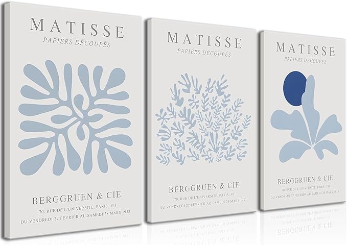 Djmwtb Framed Blue Matisse Canvas Wall Art Decor, Matisse Blue Wall Art Prints Set of 3, Modern Abstract Minimalist Pictures Wall Decor Paintings Artwork for Bathroom Bedroom Living Room 16x24in