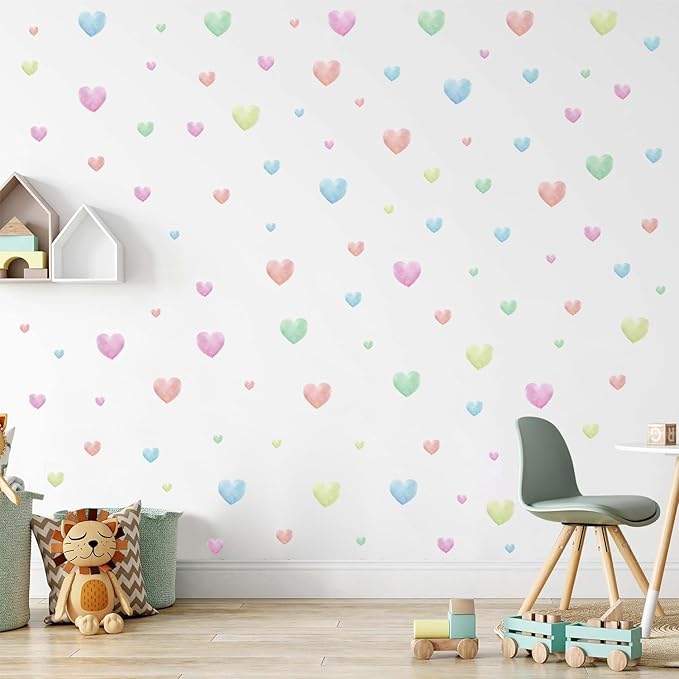 Watercolor Heart Wall Stickers,Colorful Heart Wall Decals,Easy to Peel and Stick Multicolor Heart Wall Decoration for Kids Bedroom Wallpapper Nursery Living Room Classroom Wall Décor