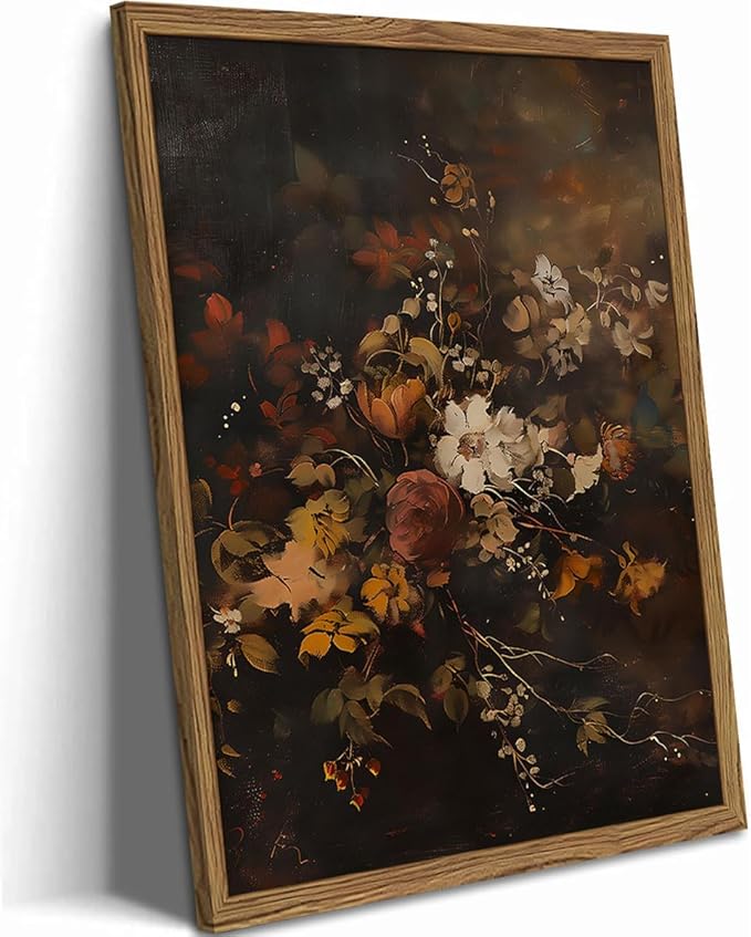 Framed Vintage Floral Wall Art，Gothic Moody Dark Flower Art Prints Painting，Victorian Canvas Fall Otanical Pictures Decor for Living Room Bedroom Diningroom 12x16 inch