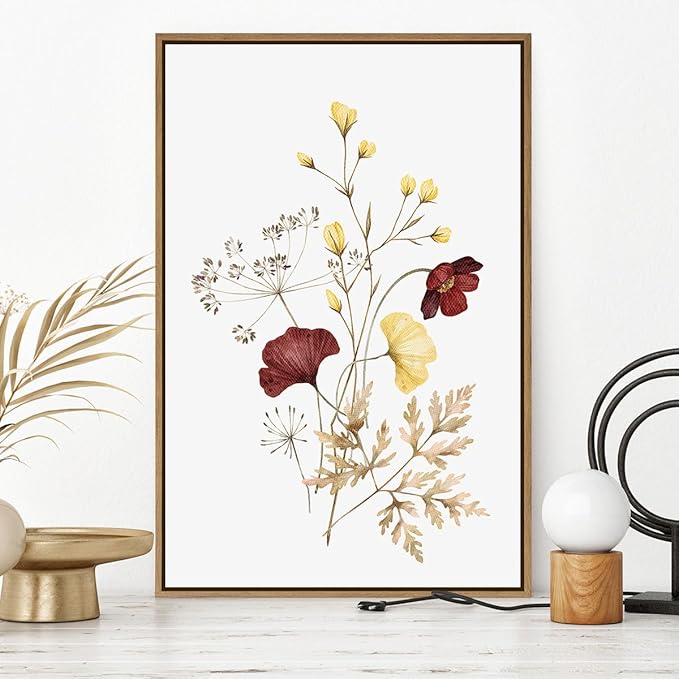 Watercolor Botanical Wall Art Prints Burgundy and Yellow Flower Pictures Wall Decor Colorful Floral Plants Painting Framed Aesthetic Poster for Home Office Kitchen Decoration 2 Pieces Set - 16x24 Inch