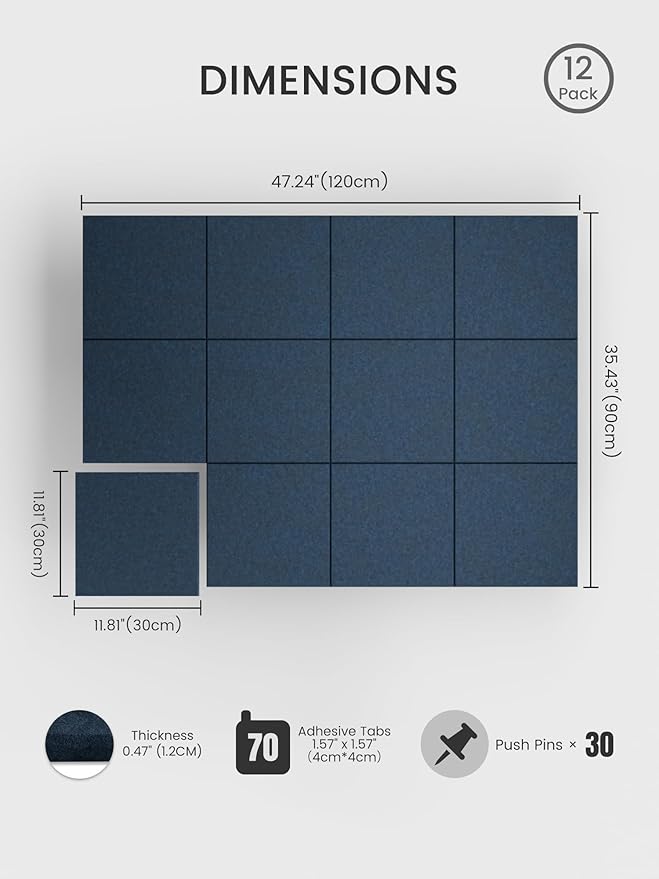 Bumusty Large Cork Board 48" x 36" Alternative - 12 Pack Felt Wall Tiles with 70 Safe Removable Adhesive Tabs, 30 Pushpins, Cork Boards for Walls Pin Board Bulletin Board Office Decor (Navy Blue)