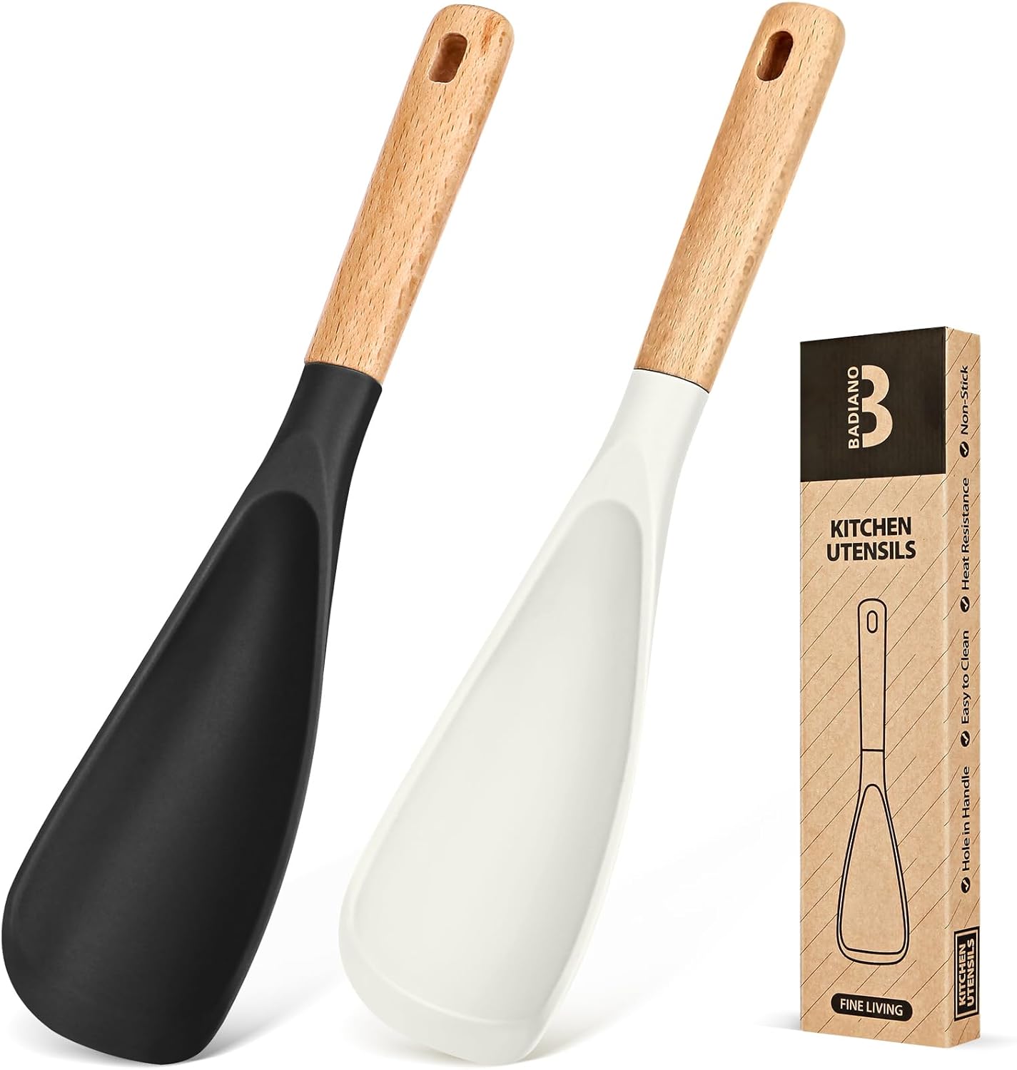 Cooking Spoon for Nonstick Cookwares, Great for Cooking and Serving Sturdy BPA-Free Matte Silicone, Wood Handle Spoon for Mixing, Scoop, and Scrape (Black & White, 11.4 inch)
