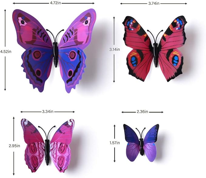 24pcs 3D Vivid Special Man-Made Lively Butterfly Wall Stickers Removable Butterflies Wall Decals 3D Nursery Art Decor for Kids Girls Bedroom Living Room Classroom Party Decoration Purple