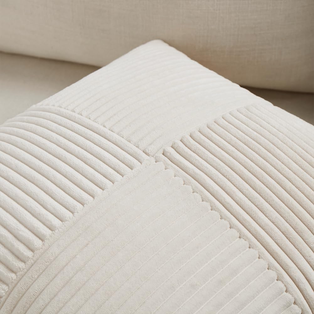 Fancy Homi 2 Packs Cream Long Lumbar Decorative Throw Pillow Covers 12x24 Inch for Couch Bed Sofa, Rustic Farmhouse Boho Home Decor, Soft Striped Corduroy Rectangle Accent Cushion Case 30x60 cm