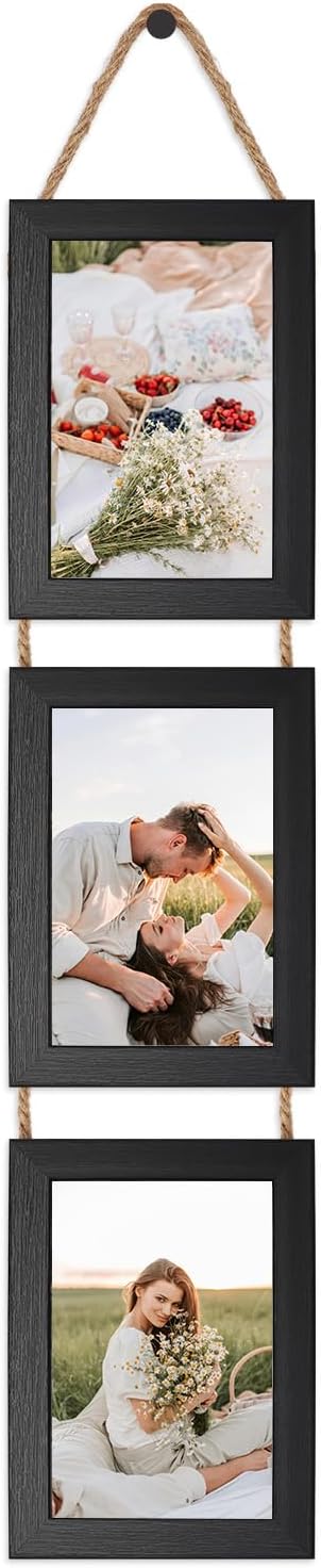 QUTREY 4x6 Picture Frames Collage Black, 3 Openings 4 x 6 Vertical Hanging Photo Frames Display 4 by 6 inch Pictures for Wall Decor