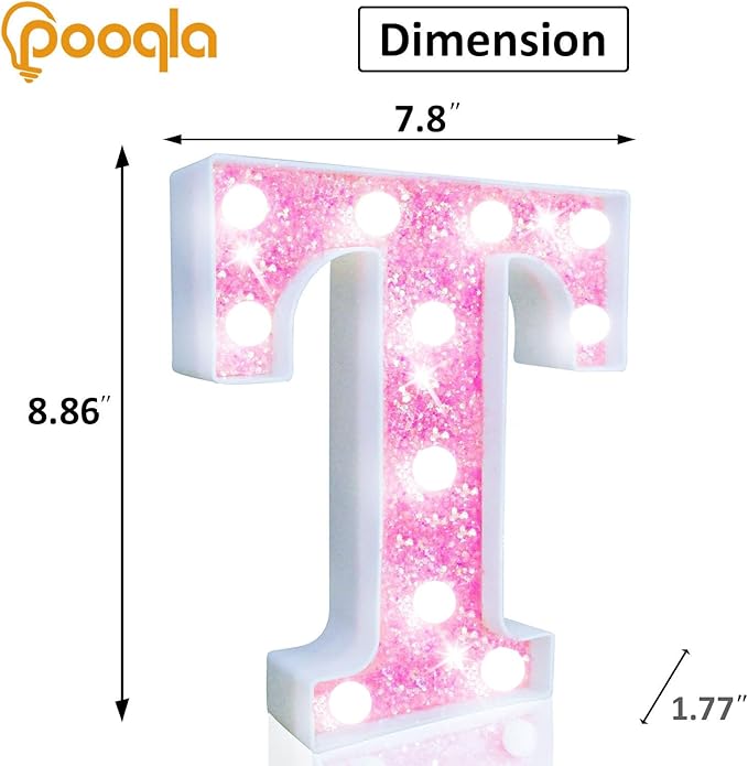 Pooqla LED Marquee Letter Lights, Light Up Letters Glitter Letter Sign Girls Gift, Battery Powered Night Light Pink Birthday Party Room Wedding Christmas Girls Bedroom Dorm Decoration, Cool White T