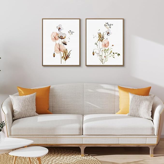 Set of 2 Watercolor Botanical Plant Picture Pink White Flower Canvas Wall Art Colorful Wildflower Poster Minimalist Floral Wall Decor Framed for Bedroom Living Room Home Office Decoration, 11x14 Inch