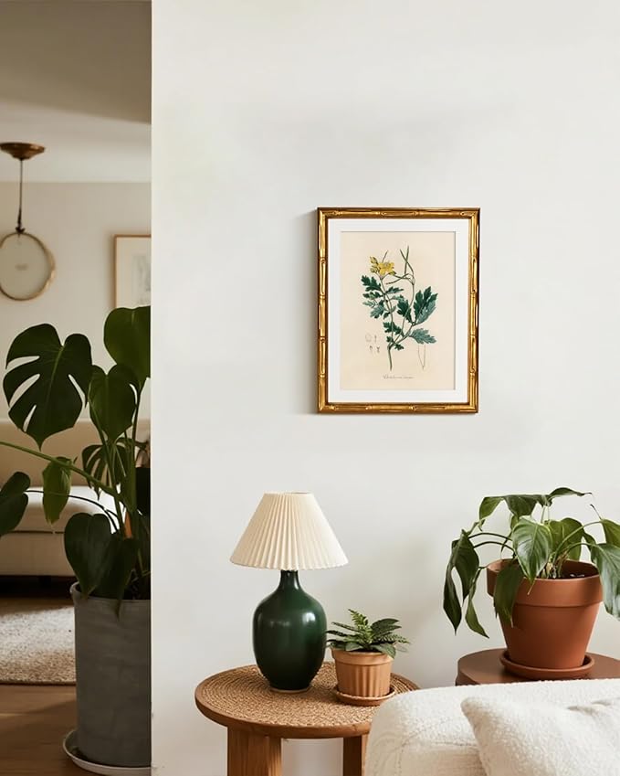 InSimSea Gold Bamboo Framed Canvas Wall Art, Kitchen Herbs Botanical Paintings, Antique Vintage Plant Picture Frame with Mat, Victorian Home Wall Decor for Living Room Bedroom, 11x14inch