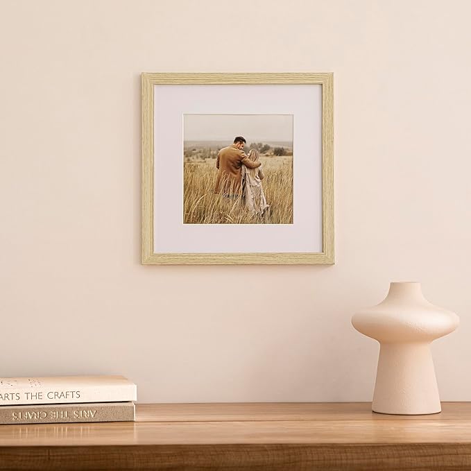 eletecpro 12x12 Picture Frames Set of 9 with Clear Acrylic Cover, Display 8x8 Photos with Mat or 12x12 Without, Classic and Sturdy Square Collage Gallery Wall Decor, Easy Wall Mount, Natural