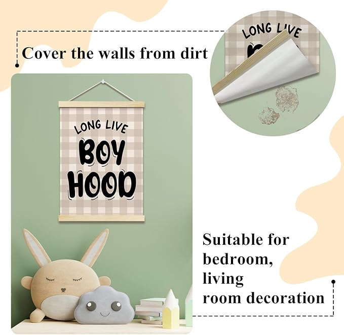 Long Live Boyhood Posters Hanger Frame for Boys Room Checkered Hanging Poster for Bedroom Kids Room Classroom Decor Wall Art Decor for Nursery Playroom Canvas Wall Art Print 16x12 Inches - YY043