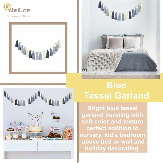 DrCor Coastal Boho Dusty Blue Tassel Garland – Handmade Yarn Banner for Nursery, Classroom, Kids Room, Baby Shower, Spring Party & Blue Boho Wall Decor